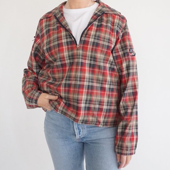 Liz Golf By Liz Claiborne Blue Red Plaid Tartan Quarter Zip Windbreaker Jacket M - Picture 1 of 10